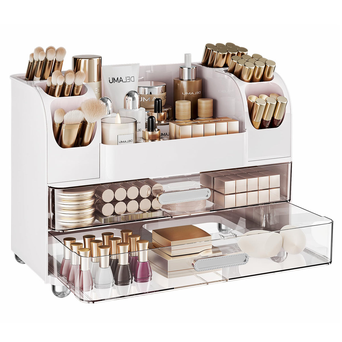 Delamu Large Makeup Organizer Countertop with 6 Brush Holders, White