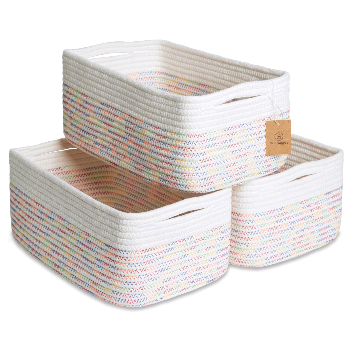 NaturalCozy 11.8"x8"x4.5” Storage Baskets for Shelves 3 Pack | Cotton Rope Woven Small Baskets for Organizing | Small Storage Bins for Nursery, Bathroom, Closet, Cube Shelf, Decorative, Gift Basket