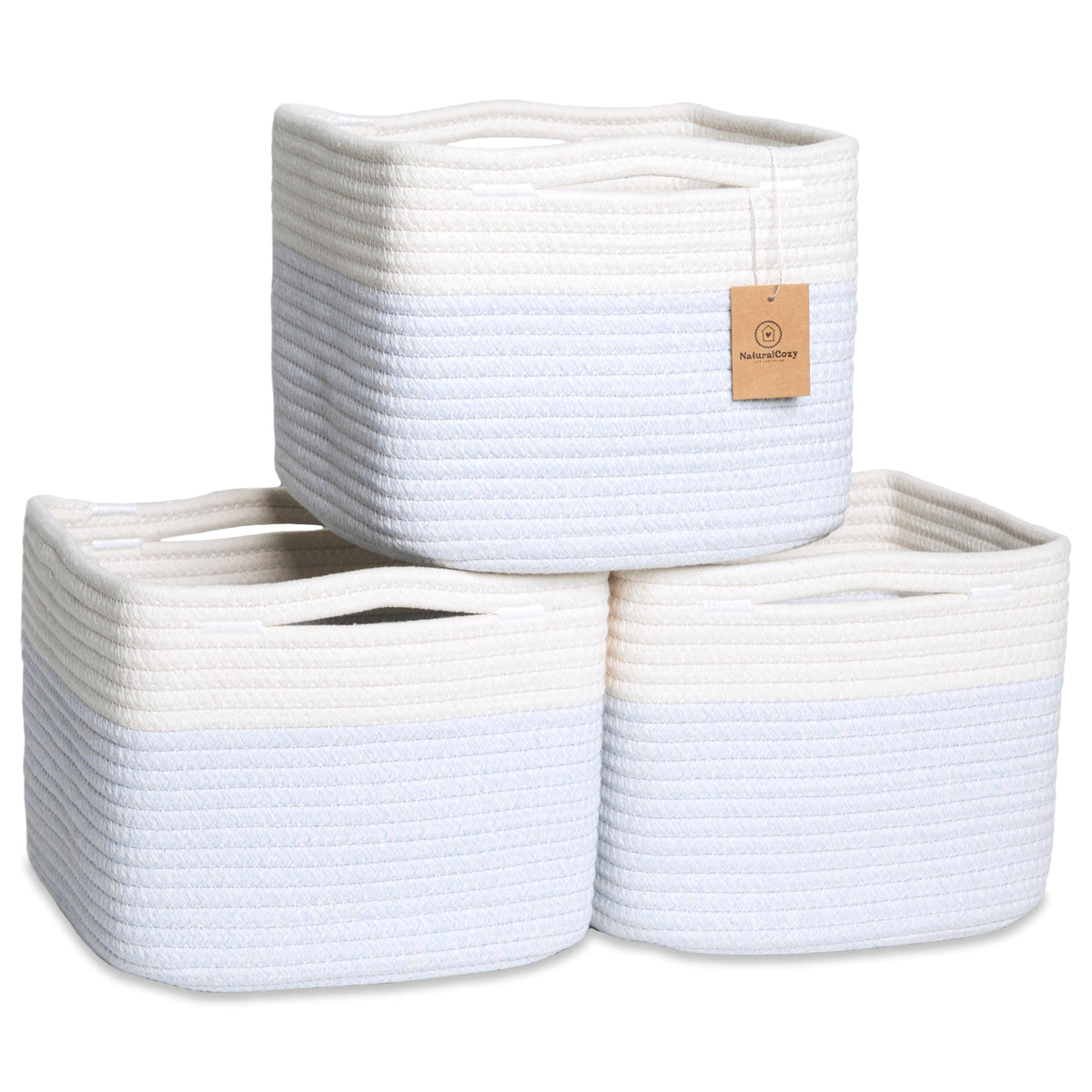 NaturalCozy Storage Cubes 9”x9”x7”Cotton Rope Woven Baskets for Organizing 3-Pack | 9 Inch Cube Storage Bin | Small Basket for Shelf Nursery, Pantry, Decorative Plant, Bathroom Closet, Toy Gift
