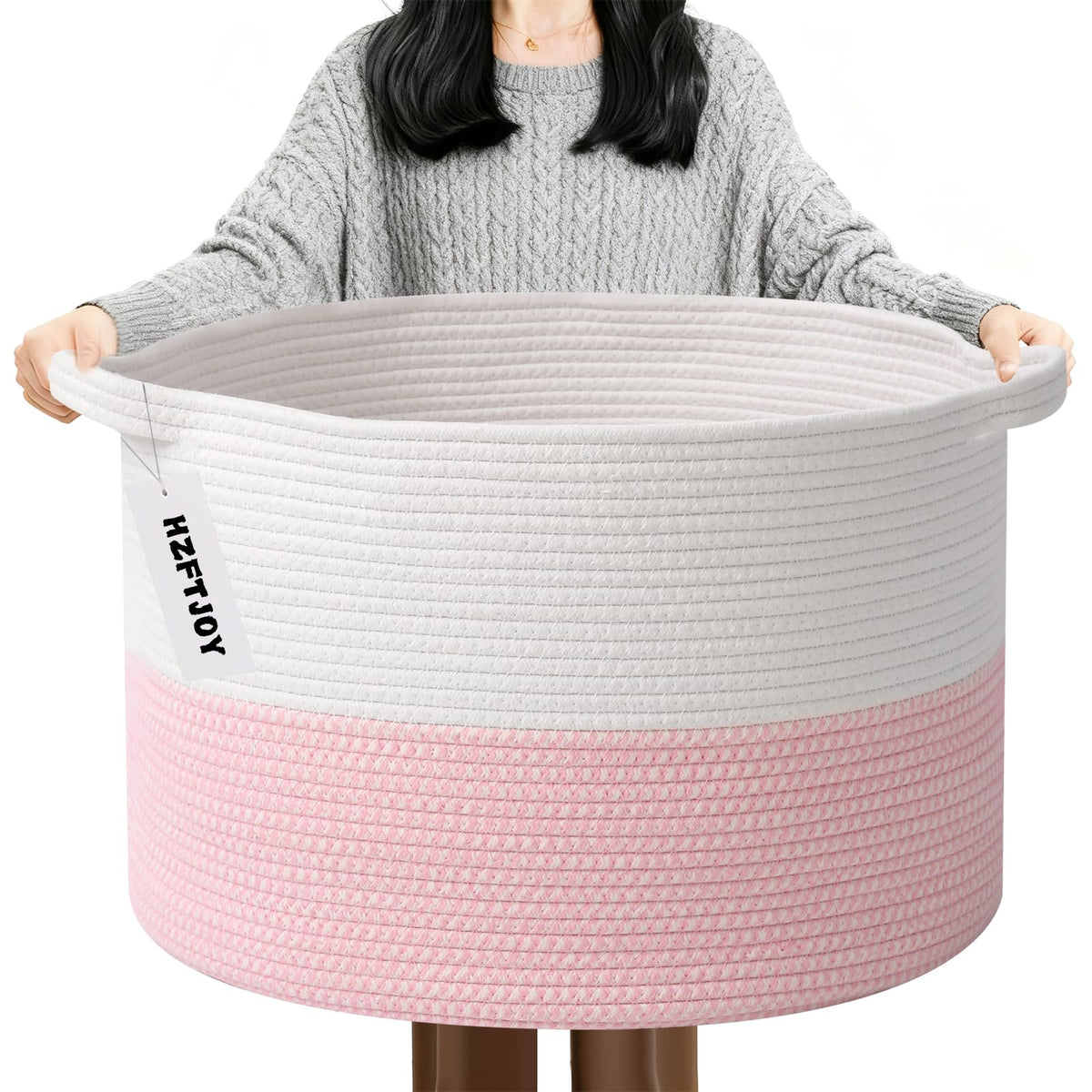 Large Woven Blanket Basket,65L Cotton Rope Laundry Basket