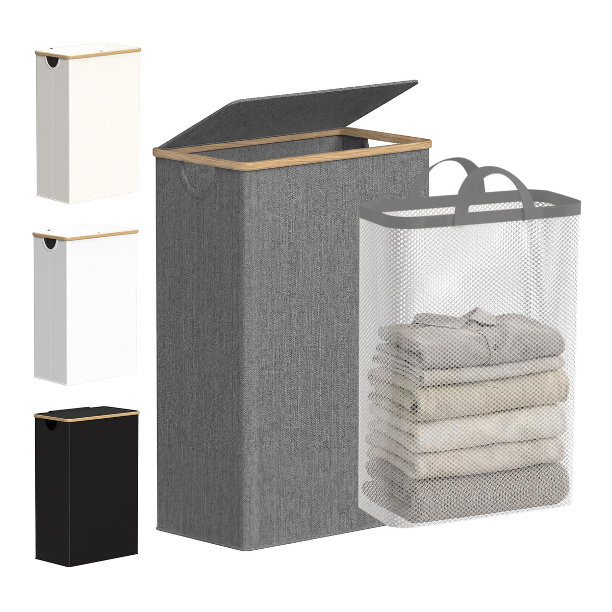 efluky Slim Laundry Basket with Lid, Narrow Laundry Hamper with Removable Bag, Skinny Dirty Clothes Basket with Bamboo Handles for Bathroom, Bedroom & Laundry Room, 75L Beige