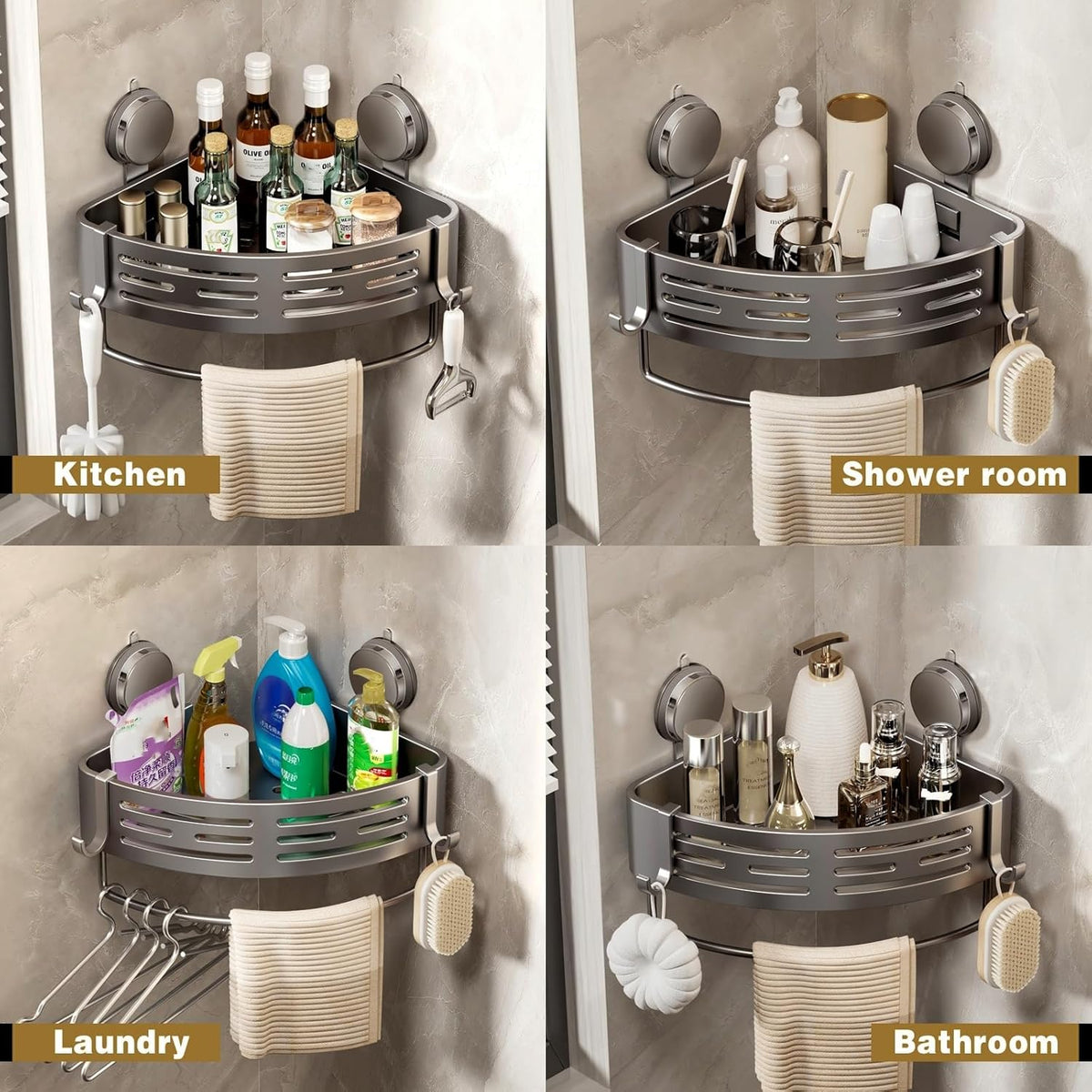 VOLPONE Corner Shower Caddy Suction Cup Shower Shelf Corner No Drilling Bathroom Shower Organizer Storage Rack Adhesive with Towel Bar Hooks (2-Pack,Gray)