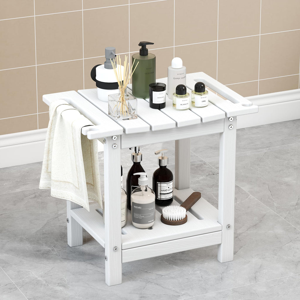 Plawdlik Shower Stool with Shelf, HDPE Weather‑Resistant Shower Bench
