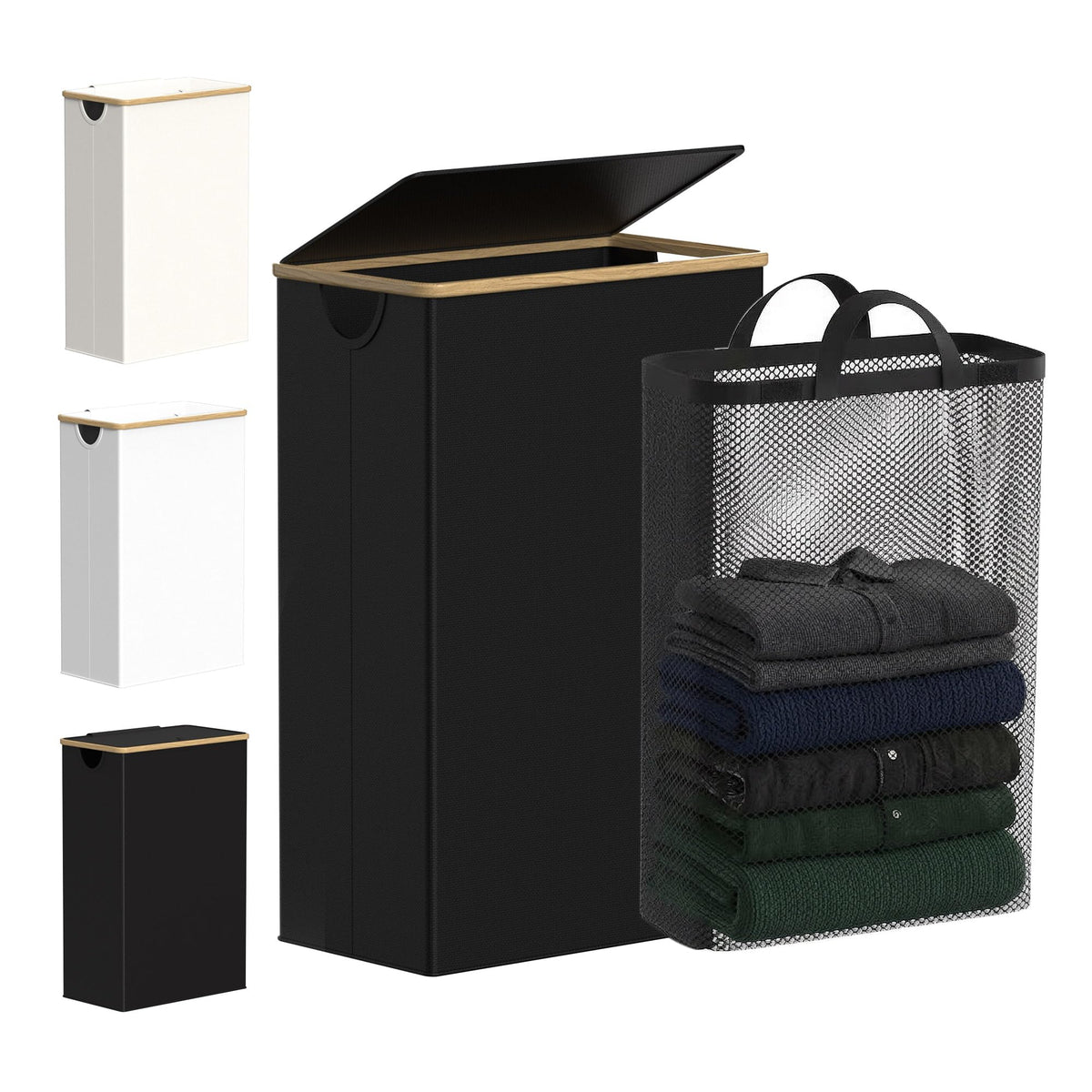 efluky Slim Laundry Basket with Lid, Narrow Laundry Hamper with Removable Bag, Skinny Dirty Clothes Basket with Bamboo Handles for Bathroom, Bedroom & Laundry Room, 75L Beige