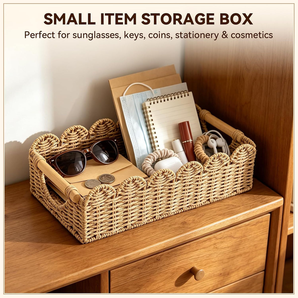 Upgraded Bathroom Basket Organizer w/Cut Out Handle, Back of Toilet Paper Storage Baskets Tray for Bathroom Countertop Decorative, Scalloped Wicker Basket Also for Home Decor, Living Room (Neutral)