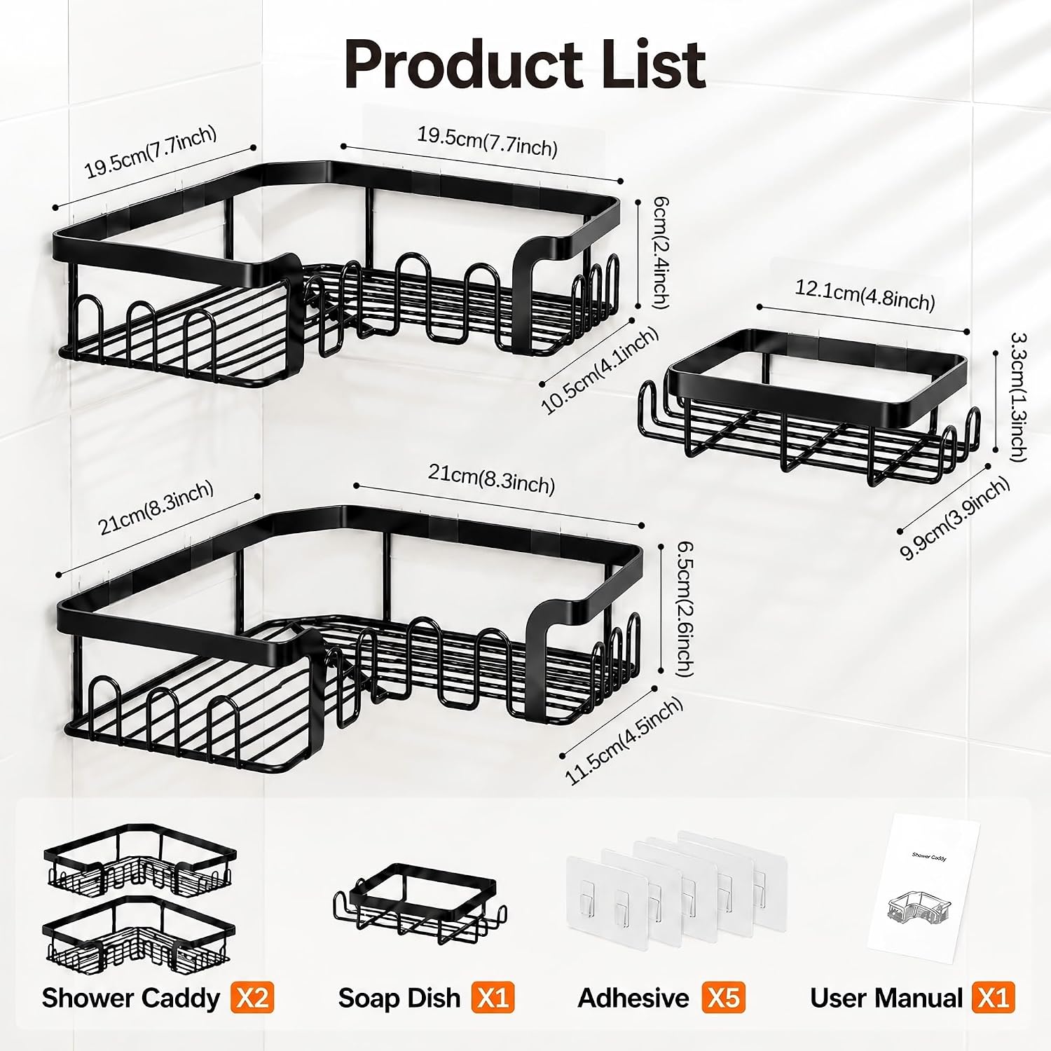 Corner Shower Caddy 3 Pack,Wall Mounted Adhesive Shower Caddy with Soap Holder and 24 Hooks,No Drill Rustproof Stainless Steel Shower Shelf for Inside Shower,Black