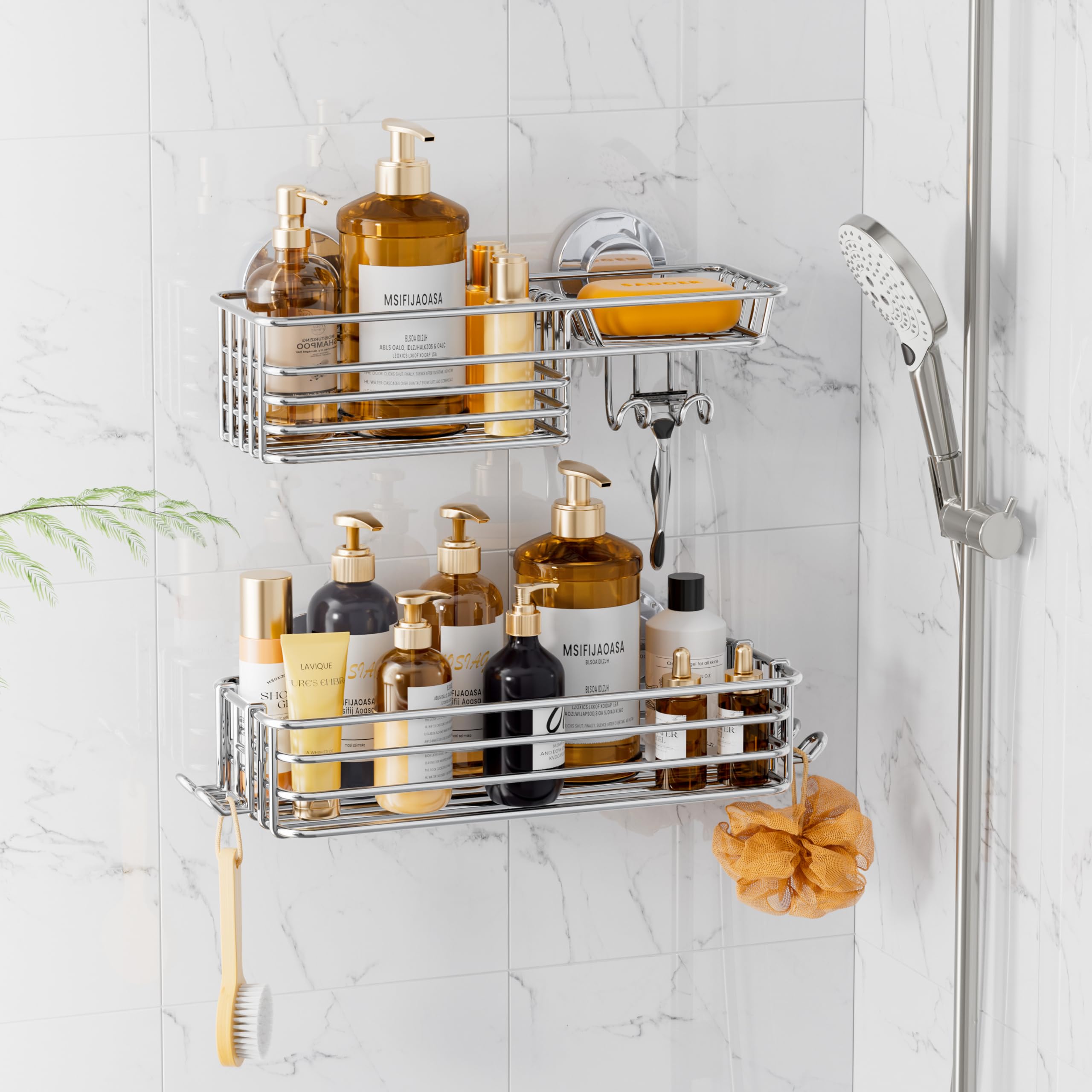 LEVERLOC Shower Caddy Suction Cup, 2 Pack Suction Shower Shelf With Hooks