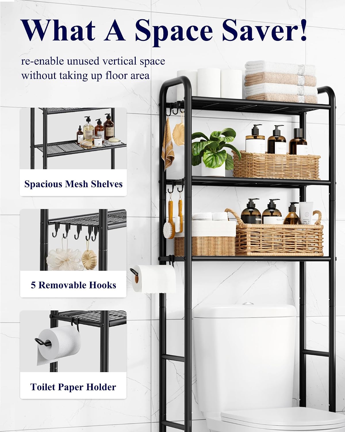 Kitsure Over Toilet Storage Rack, 63.2" H Space-Saving, Holder & Hooks