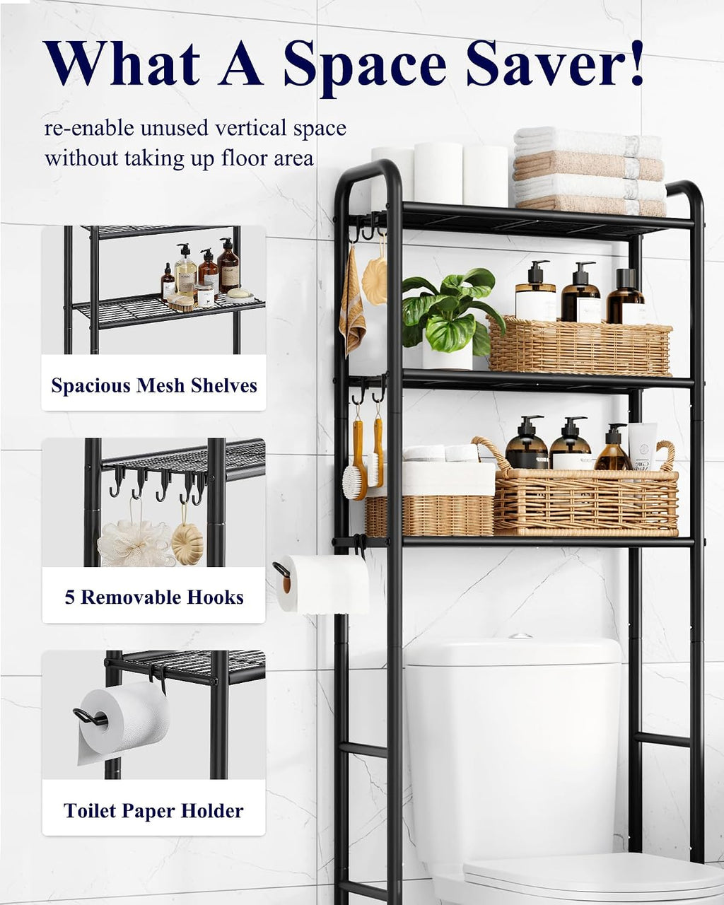 Kitsure Over Toilet Storage Rack, 63.2" H Space-Saving, Holder & Hooks