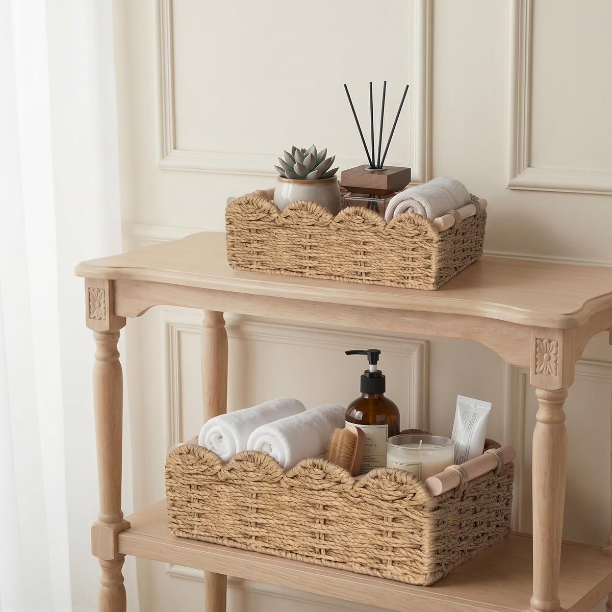 iEGrow Paper Rope Small Storage Baskets for Organizing, Set of 2 Scalloped Edge Wicker Basket with Wooden Handles Toilet Paper Basket for Over Toilet Storage Shelf, Home Decor, Living Room (Neutral)
