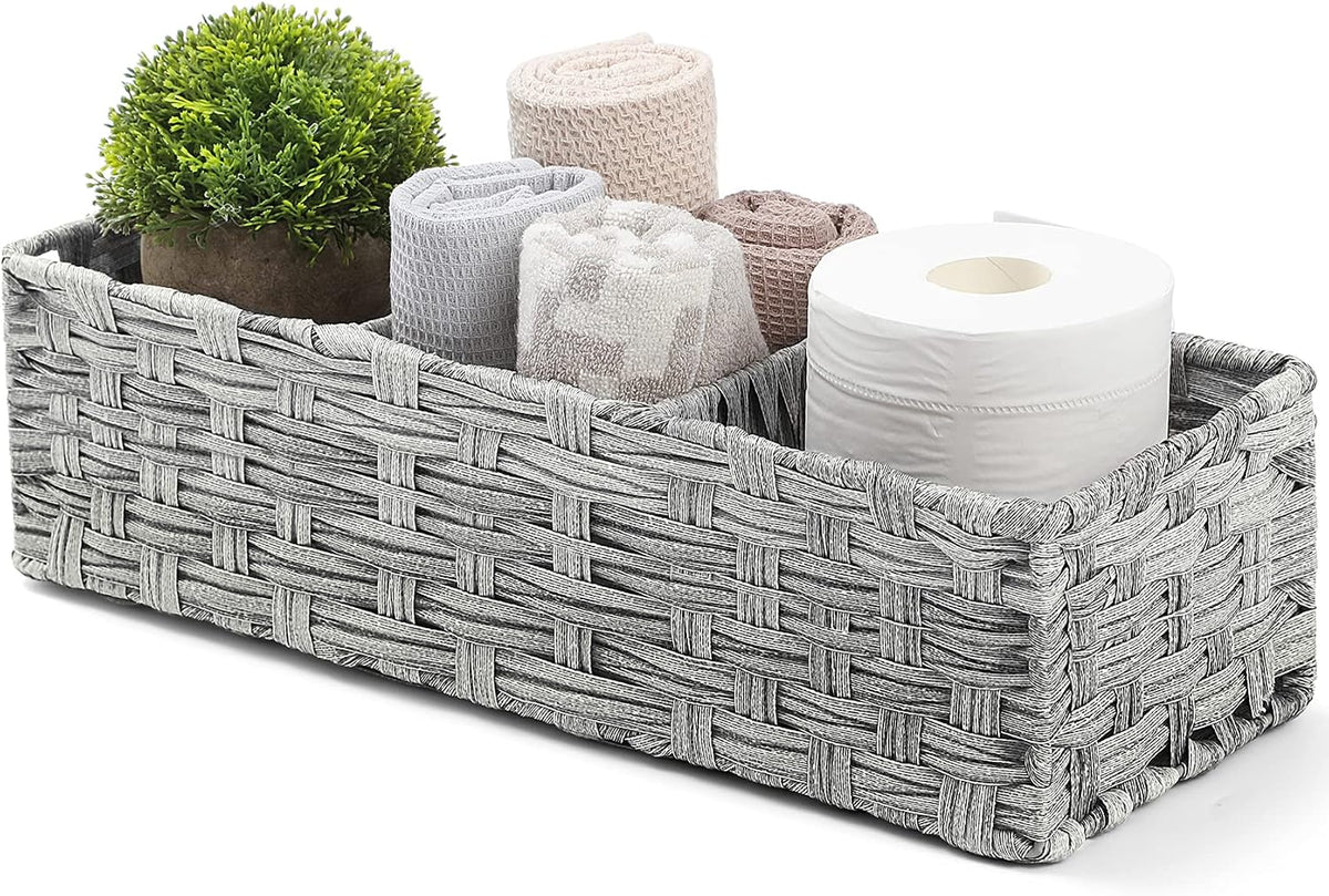 [Larger Compartments] Toilet Tank Topper Paper Basket - Multiuse Hand Woven Plastic Wicker Basket with Divider for Organizing, Rustic Farmhouse Bathroom Decor, Countertop Organizer Storage, Gray Wash