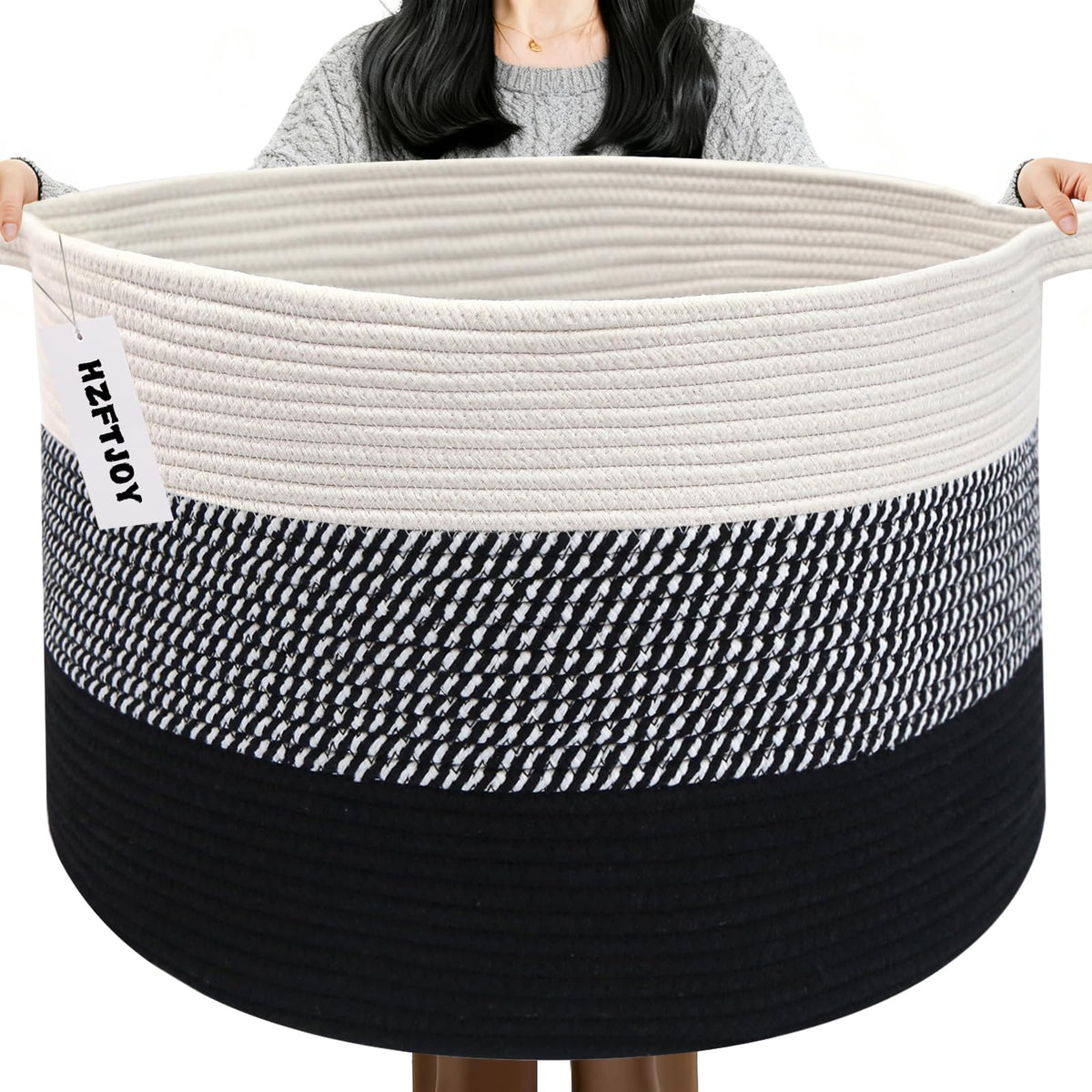 Large Woven Blanket Basket,65L Cotton Rope Laundry Basket