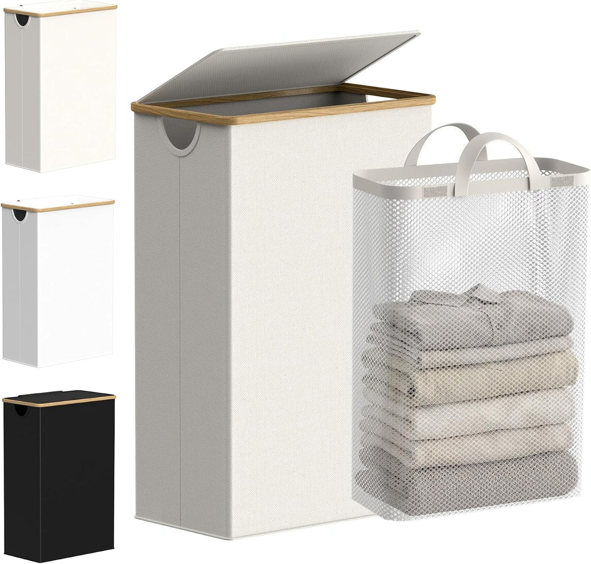 efluky Slim Laundry Basket with Lid, Narrow Laundry Hamper with Removable Bag, Skinny Dirty Clothes Basket with Bamboo Handles for Bathroom, Bedroom & Laundry Room, 75L Beige