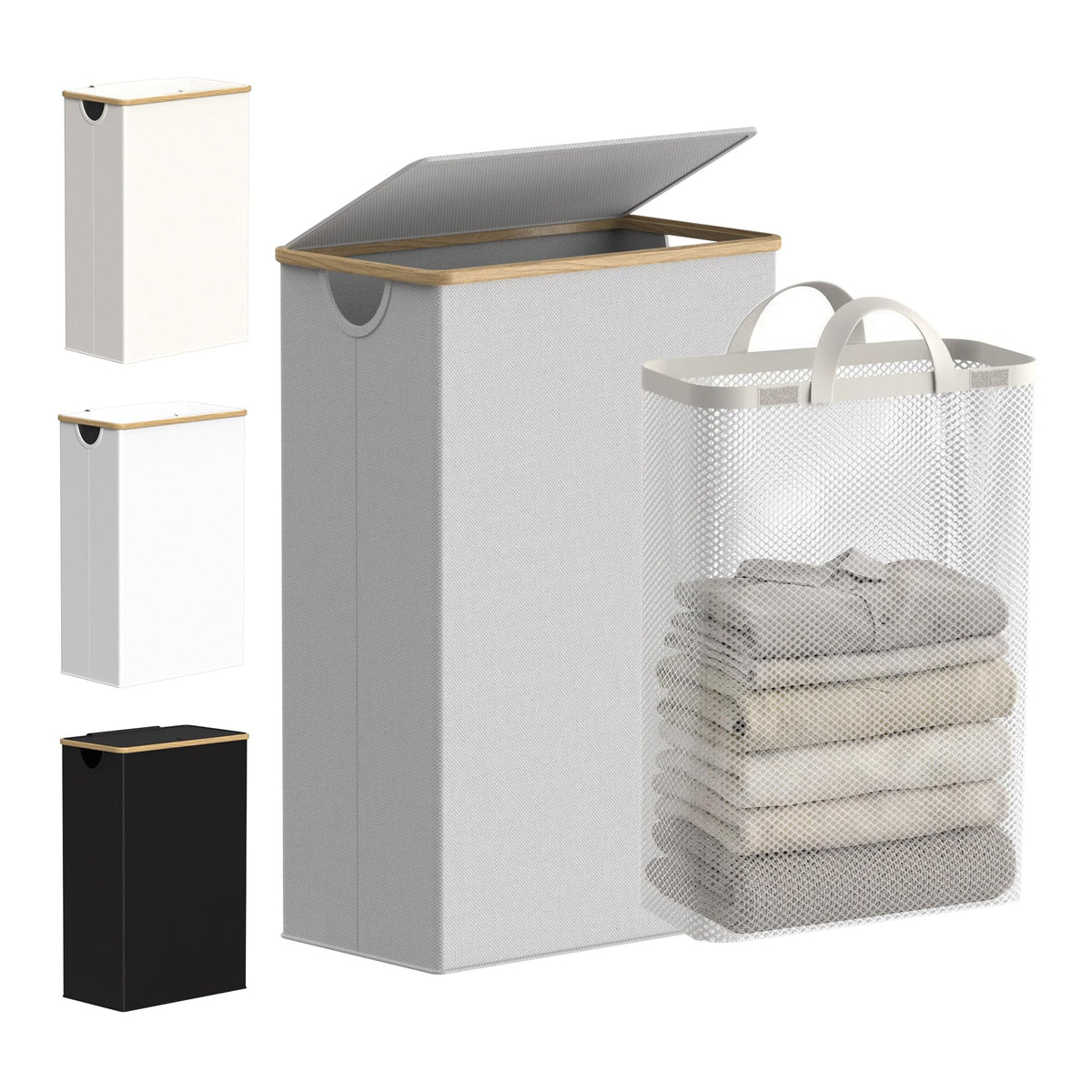 efluky Slim Laundry Basket with Lid, Narrow Laundry Hamper with Removable Bag, Skinny Dirty Clothes Basket with Bamboo Handles for Bathroom, Bedroom & Laundry Room, 75L Beige