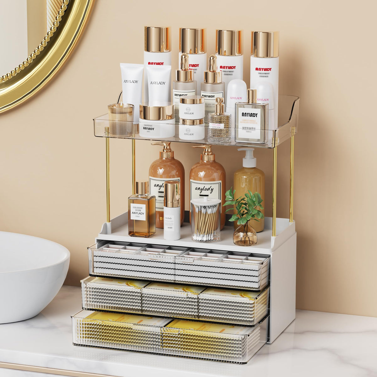 Anylady Bathroom Organizers and Storage, Makeup Organizer (Sturdy Durable Attractive), Ideal for Vanity, Countertop, Counter, Perfume, Skincare, Cabinet, Cosmetic, Dresser Organizer (Gold)