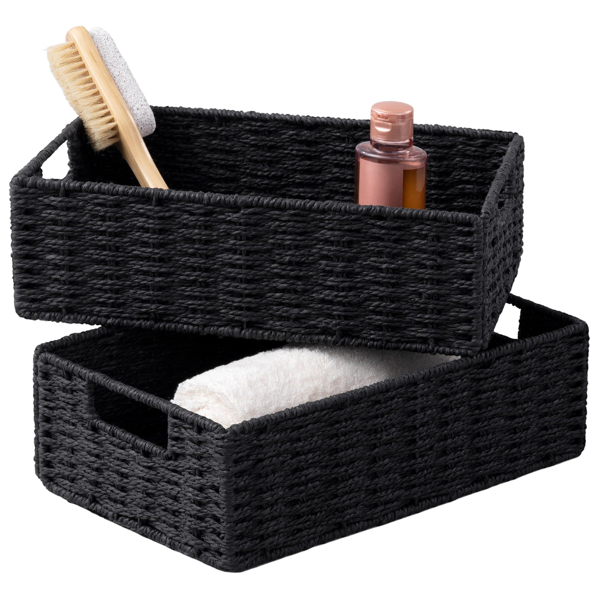 UBBCARE 2 Pack Wicker Basket, 13.4L×8.3H×7.1W inch Woven Paper Rope Storage Baskets for Shelves, Foldable Rectangular Storage Baskets with Handle, Storage Basket for Organizing, Black
