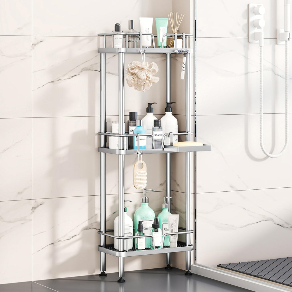 HapiRm Standing Corner Shower Caddy - 3 Tier Corner Shower Organizer with Soap Holder, Rustproof Stainless Steel Bathroom Shelf with 4 Hooks, Black