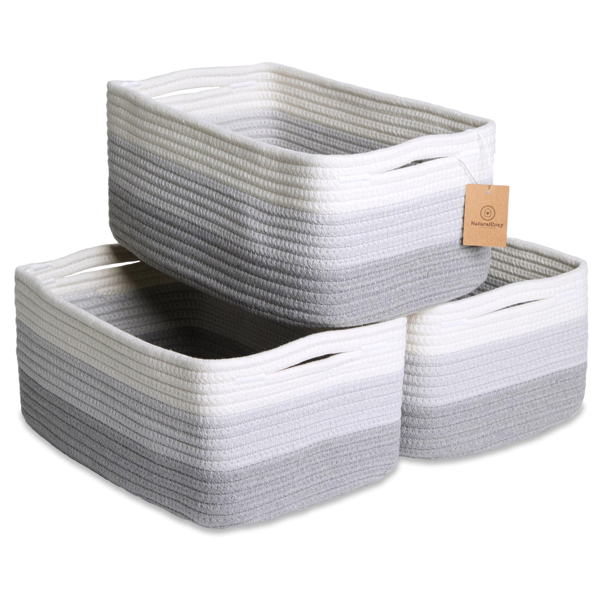 NaturalCozy 11.8"x8"x4.5” Storage Baskets for Shelves 3 Pack | Cotton Rope Woven Small Baskets for Organizing | Small Storage Bins for Nursery, Bathroom, Closet, Cube Shelf, Decorative, Gift Basket