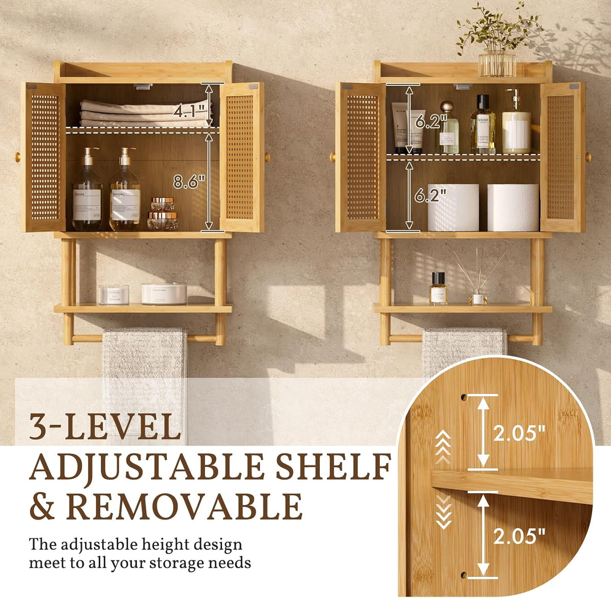 AmazerBath Bathroom Wall Cabinets, Bamboo Medicine Cabinet with Rattan Door, Over The Toilet Storage Cabinet with Towel Bar, Wall Mounted Cabinet with Adjustable Shelves for Small Spaces