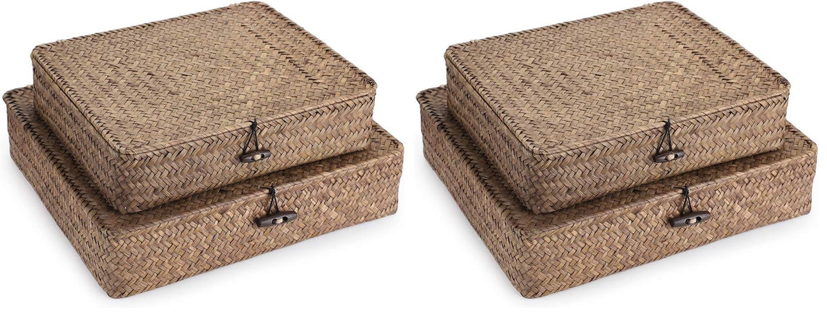 Hipiwe Set of 2 Flat Wicker Storage Basket Bins with Lid Woven Seagrass Box