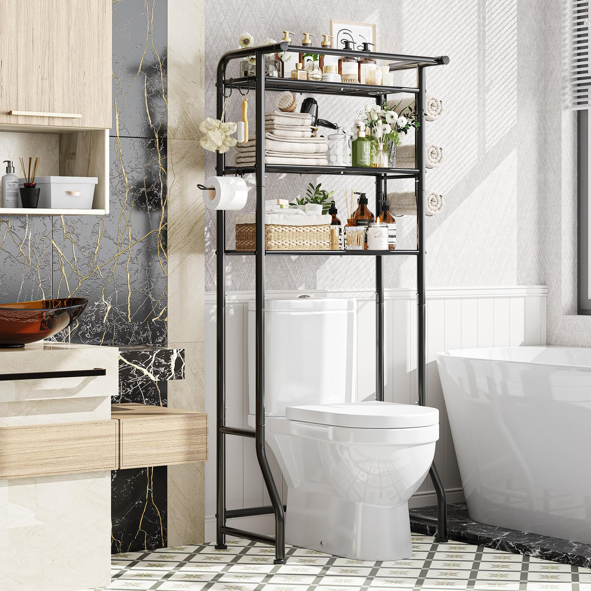 Simple Trending Over The Toilet Storage Cabinet, Metal Bathroom Shelf Organizer with Paper Holder and Hooks, 3 Tier, Black