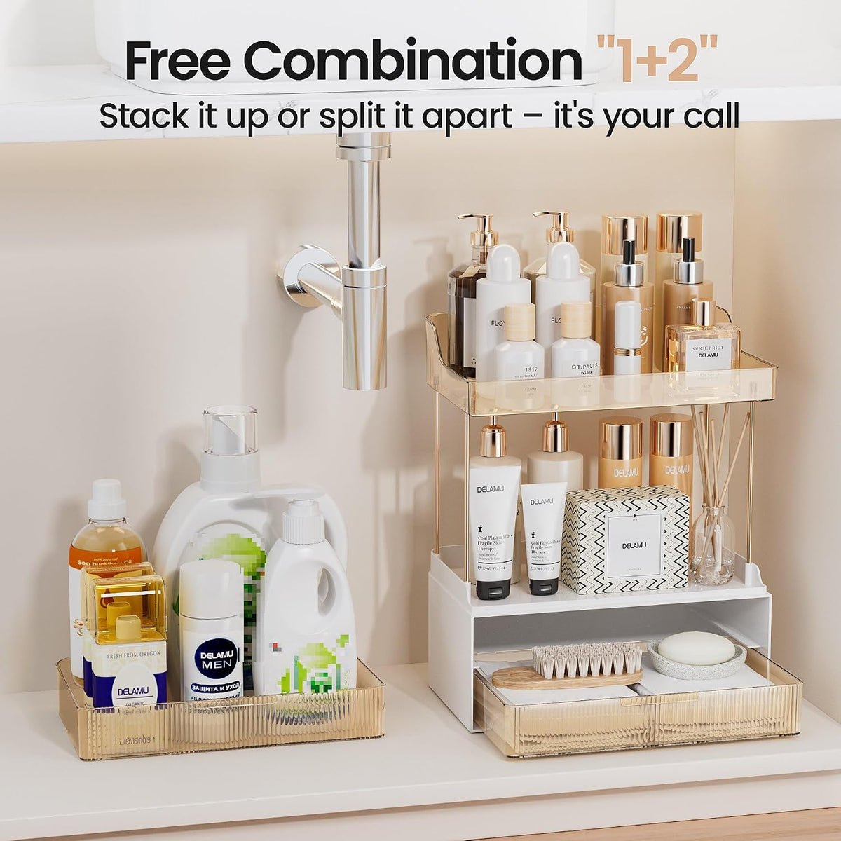 Delamu 4-Tier Makeup Organizer, Bathroom Counter Storage, 2 Drawers, Amber