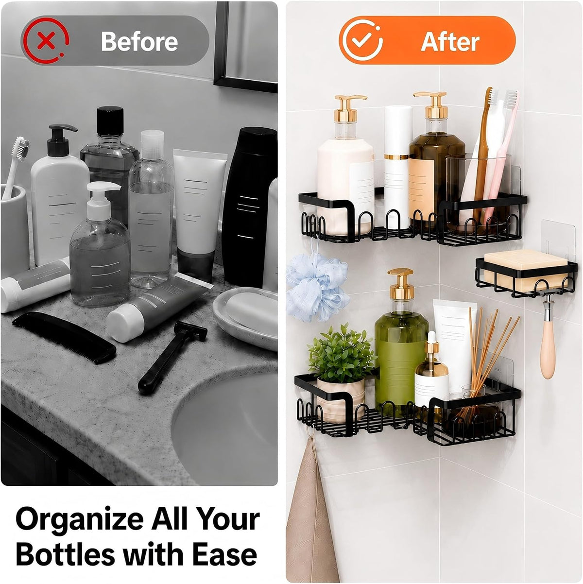 Corner Shower Caddy 3 Pack,Wall Mounted Adhesive Shower Caddy with Soap Holder and 24 Hooks,No Drill Rustproof Stainless Steel Shower Shelf for Inside Shower,Black