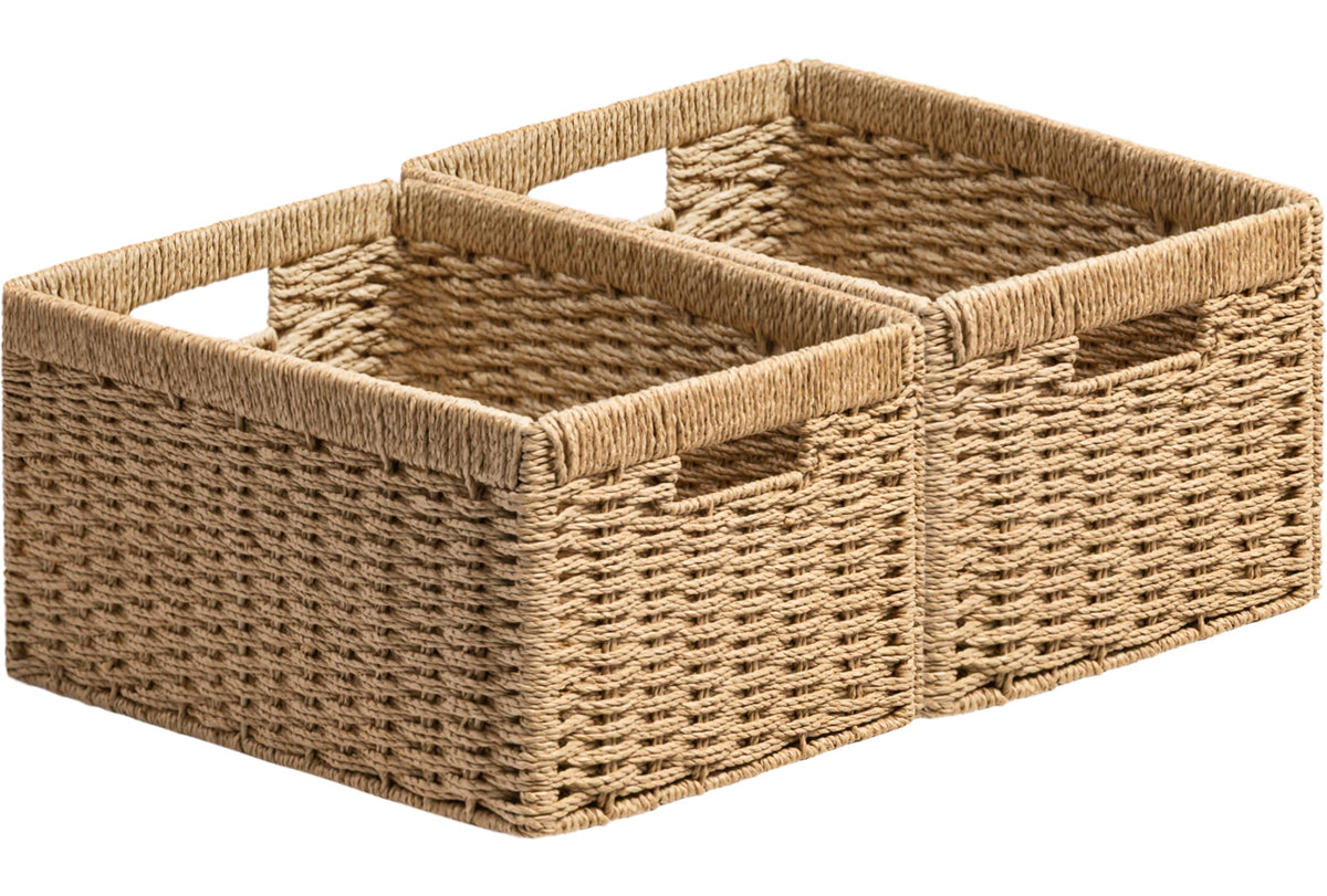 UBBCARE 2 Pack Wicker Basket, 13.4L×8.3H×7.1W inch Woven Paper Rope Storage Baskets for Shelves, Foldable Rectangular Storage Baskets with Handle, Storage Basket for Organizing, Black