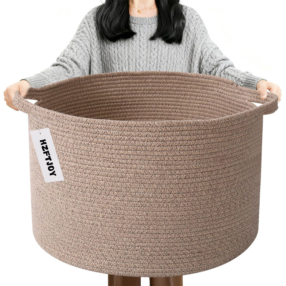 Large Woven Blanket Basket,65L Cotton Rope Laundry Basket