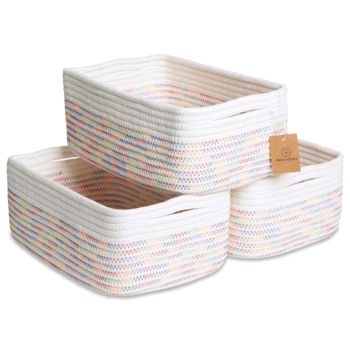 NaturalCozy 11.8"x8"x4.5” Storage Baskets for Shelves 3 Pack | Cotton Rope Woven Small Baskets for Organizing | Small Storage Bins for Nursery, Bathroom, Closet, Cube Shelf, Decorative, Gift Basket