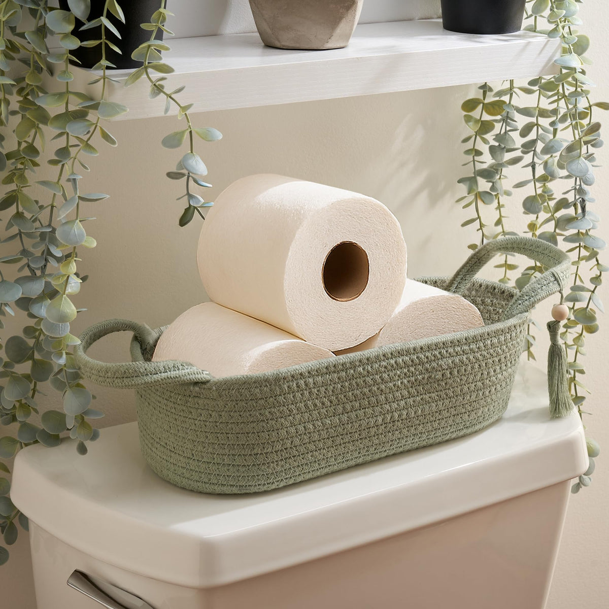Decorative Toilet Paper Basket - Boho Jute Cotton Rope Bin with Tassel