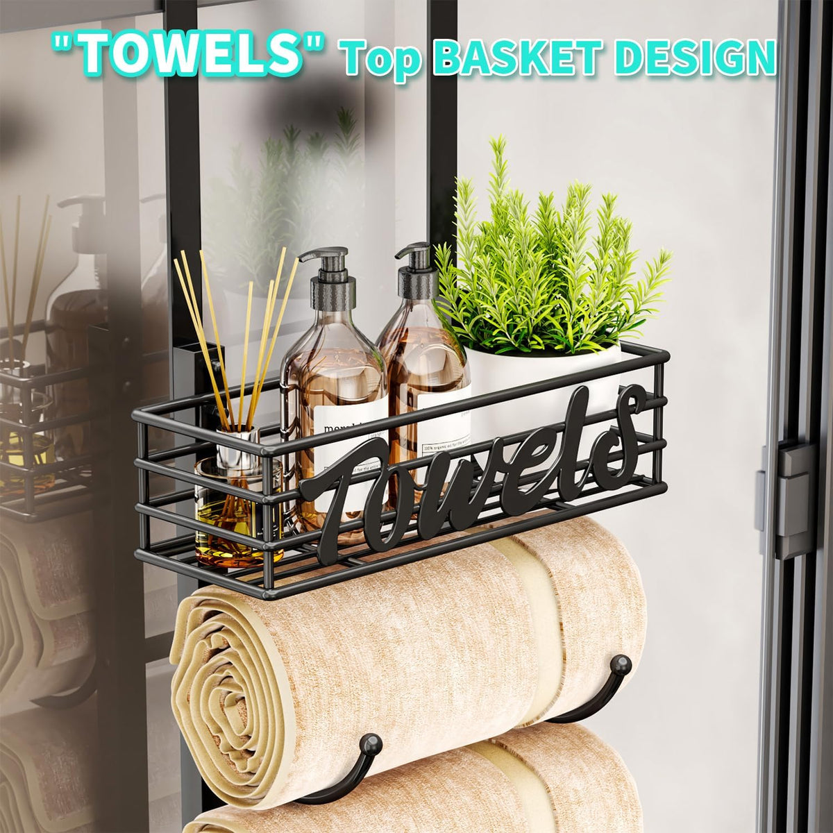 HapiRm Towel Racks for Bathroom Storage - 6 Tier Over The Door & Wall Mount Rolled Towel Storage Organizer Holder with Metal Shelf Basket for Small Bathroom, Camper, Rv - Black, Patented