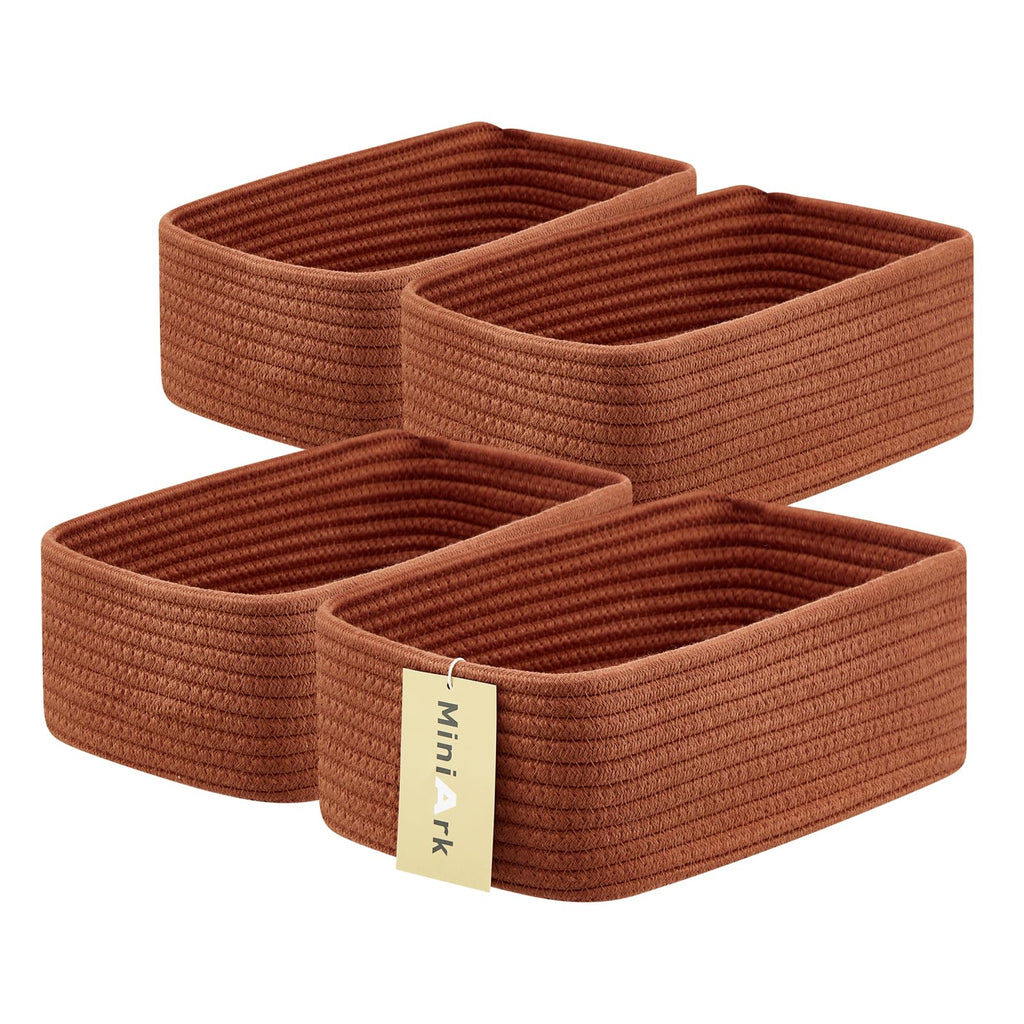 MiniArk Small Storage Baskets for Organizing | Closet Organizer Bins | Shelf Toy Basket | Woven Rope Baskets | Cube Decorative Box | Shallow Basket | L11.5xW7.5xH4.7| Brown
