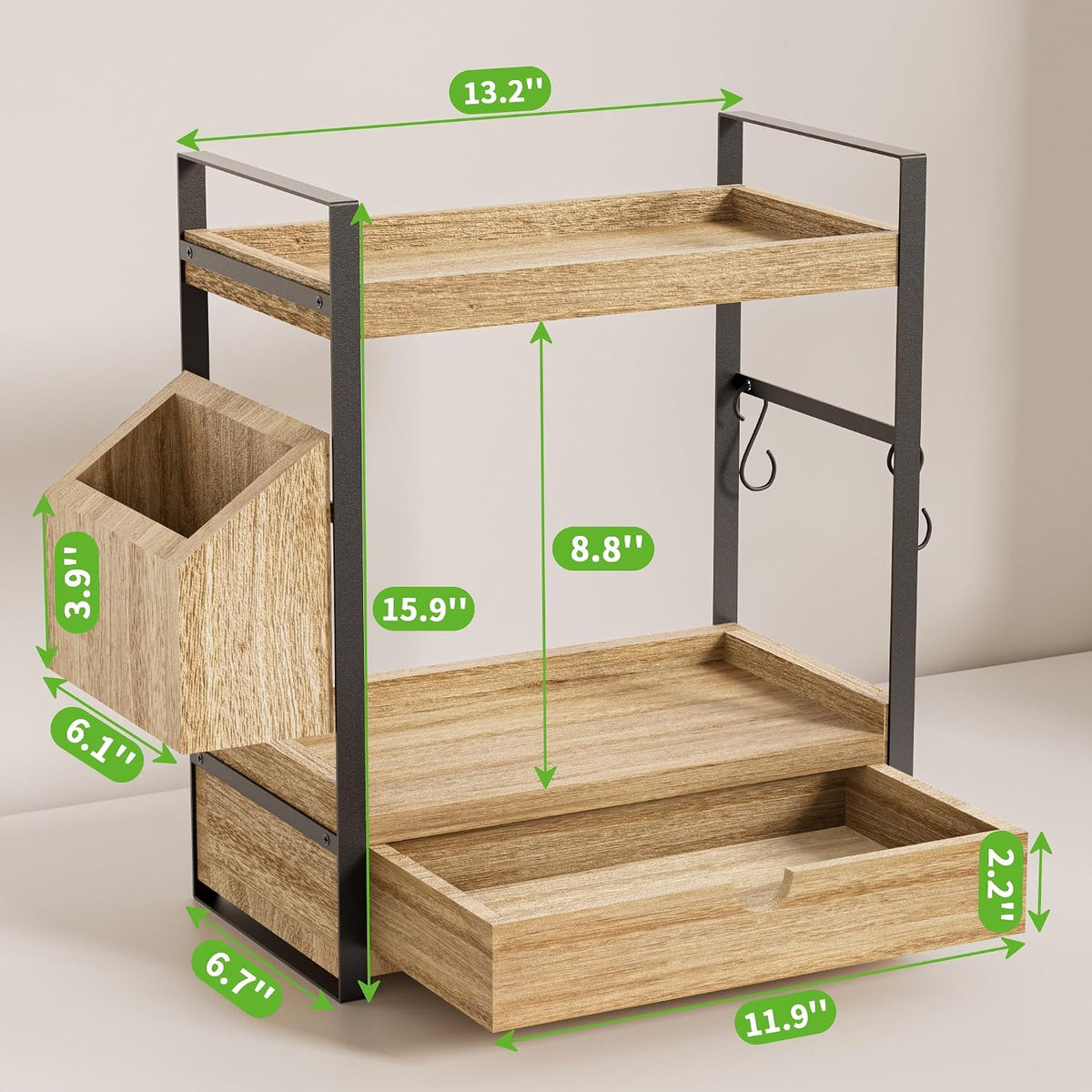 2-Tier Bathroom Counter Organizer, Wooden Vanity Shelf with Drawer & Basket
