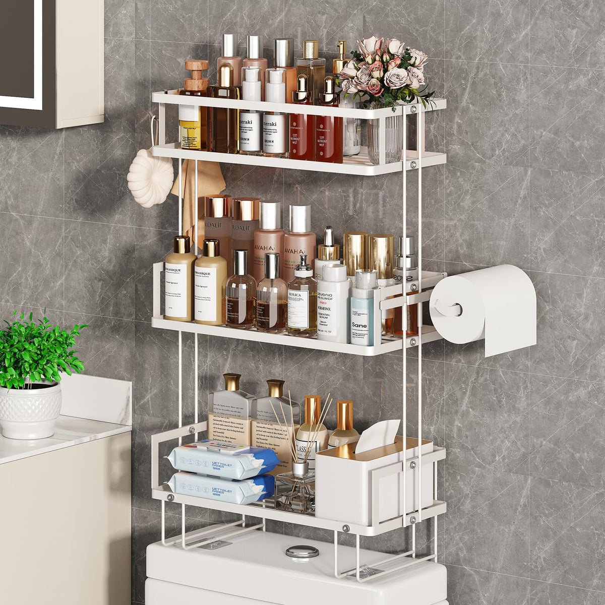 Godboat 2-Tier Over Toilet Storage Shelf, Wall-Mount with 2 Hook/Paper Rack