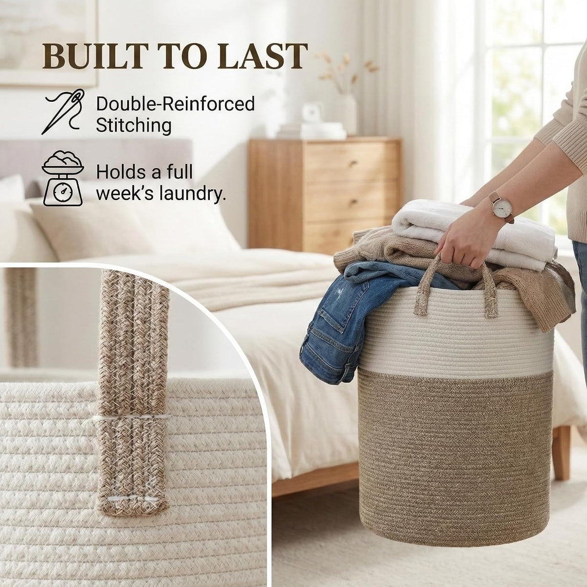 JMvicyroam 60L Cotton Rope Laundry Basket Hamper, Brown