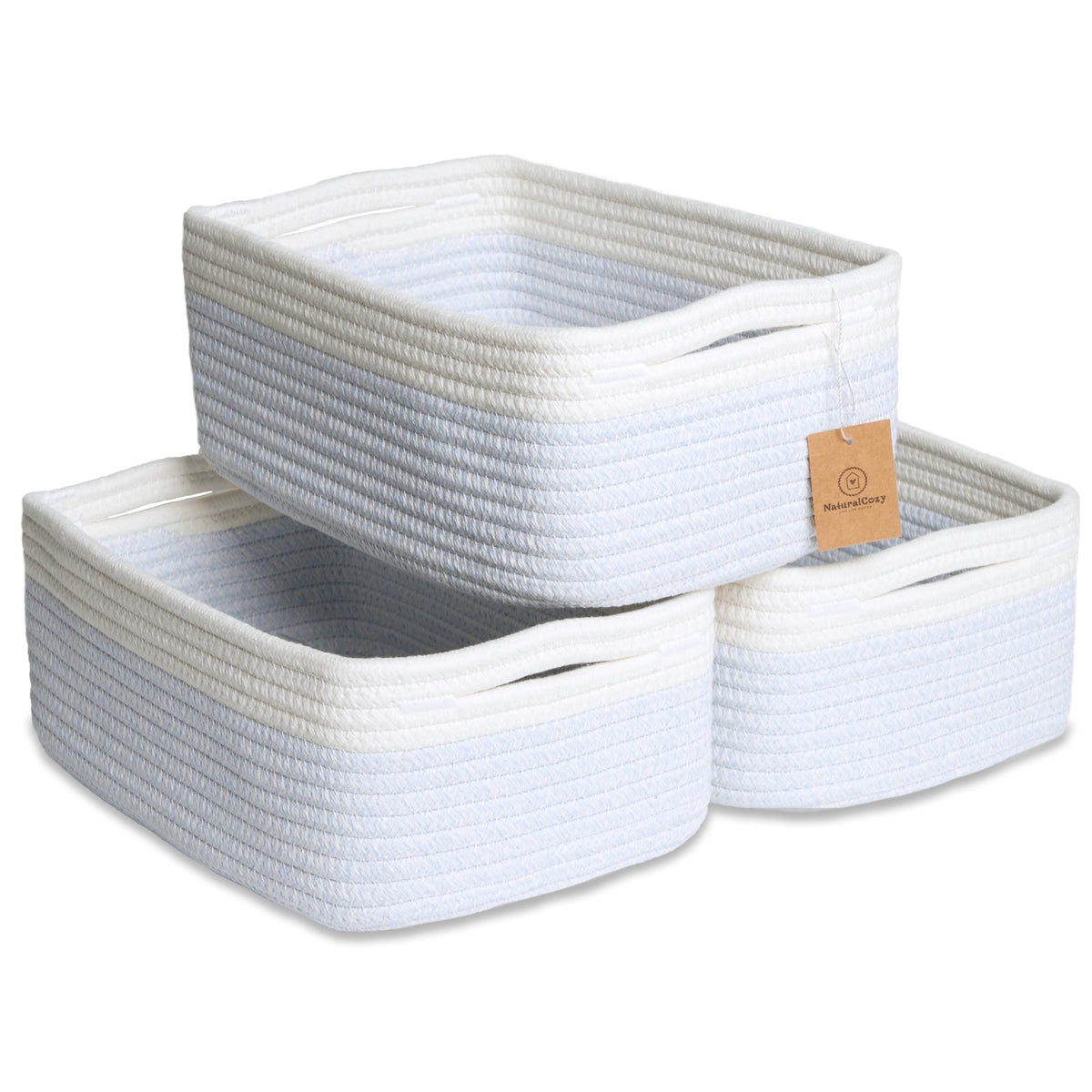 NaturalCozy 11.8"x8"x4.5” Storage Baskets for Shelves 3 Pack | Cotton Rope Woven Small Baskets for Organizing | Small Storage Bins for Nursery, Bathroom, Closet, Cube Shelf, Decorative, Gift Basket