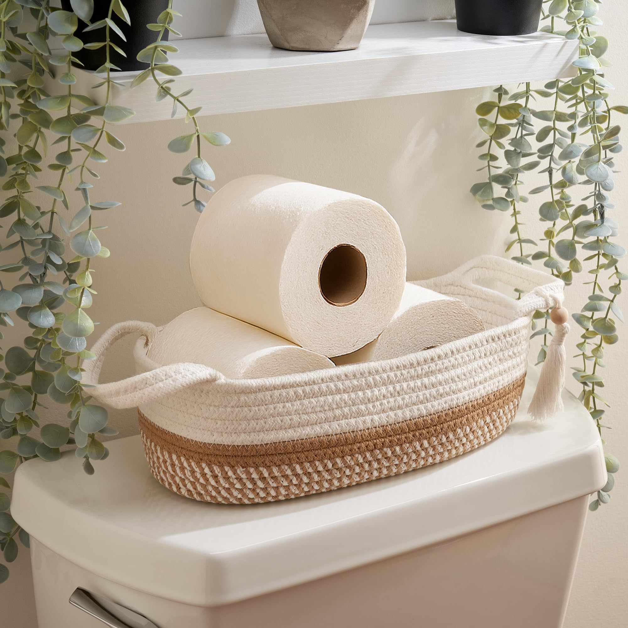 Decorative Toilet Paper Basket - Boho Jute Cotton Rope Bin with Tassel