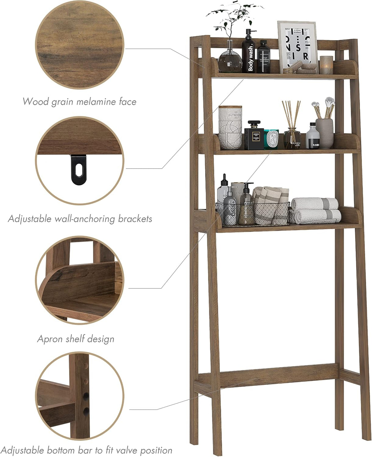 UTEX Over Toilet Bathroom Organizer, 3-Tier Storage Shelf Rack, Wood Grain