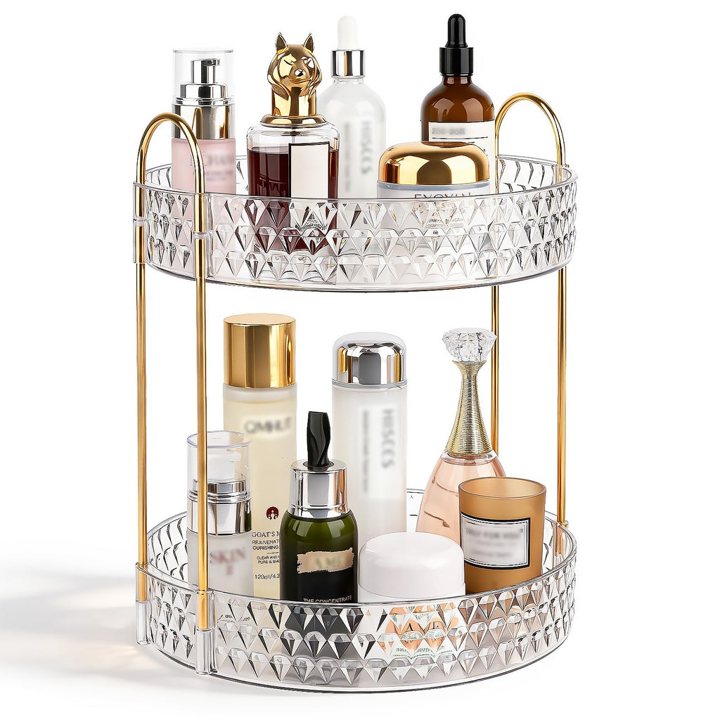Large Capacity Rotating Makeup Organizer Perfume Stand Holder, 2 Tier Clear