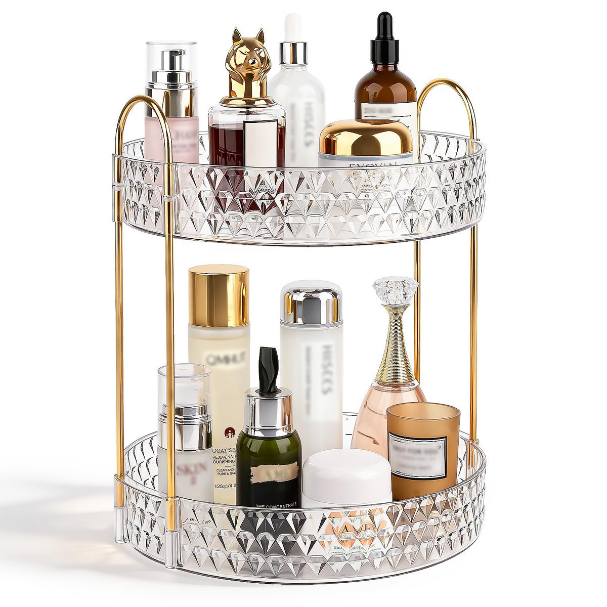 Large Capacity Rotating Makeup Organizer Perfume Stand Holder, 2 Tier Clear
