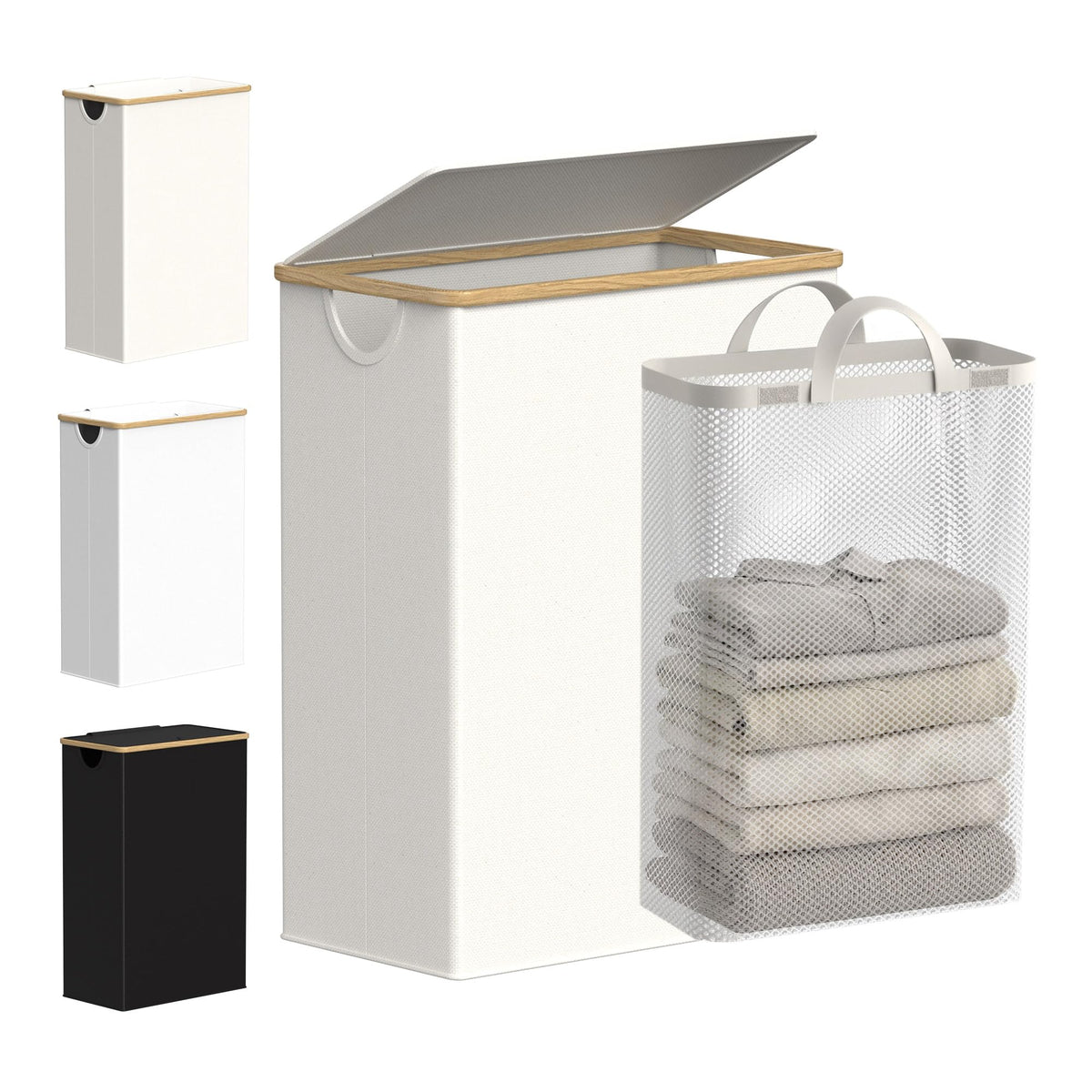efluky Slim Laundry Basket with Lid, Narrow Laundry Hamper with Removable Bag, Skinny Dirty Clothes Basket with Bamboo Handles for Bathroom, Bedroom & Laundry Room, 75L Beige
