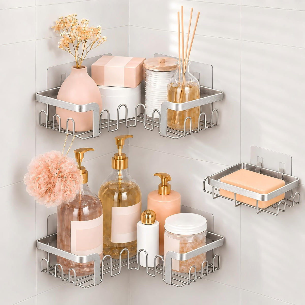 Corner Shower Caddy 3 Pack,Wall Mounted Adhesive Shower Caddy with Soap Holder and 24 Hooks,No Drill Rustproof Stainless Steel Shower Shelf for Inside Shower,Black