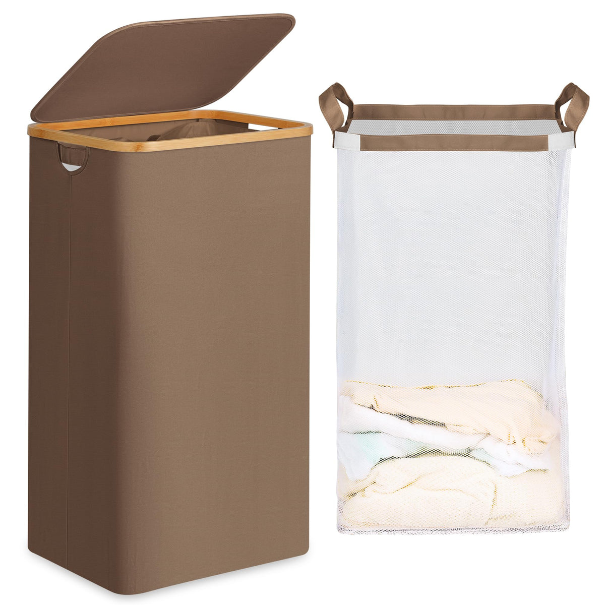efluky Slim Laundry Basket with Lid, Narrow Laundry Hamper with Removable Bag, Skinny Dirty Clothes Basket with Bamboo Handles for Bathroom, Bedroom & Laundry Room, 75L Beige