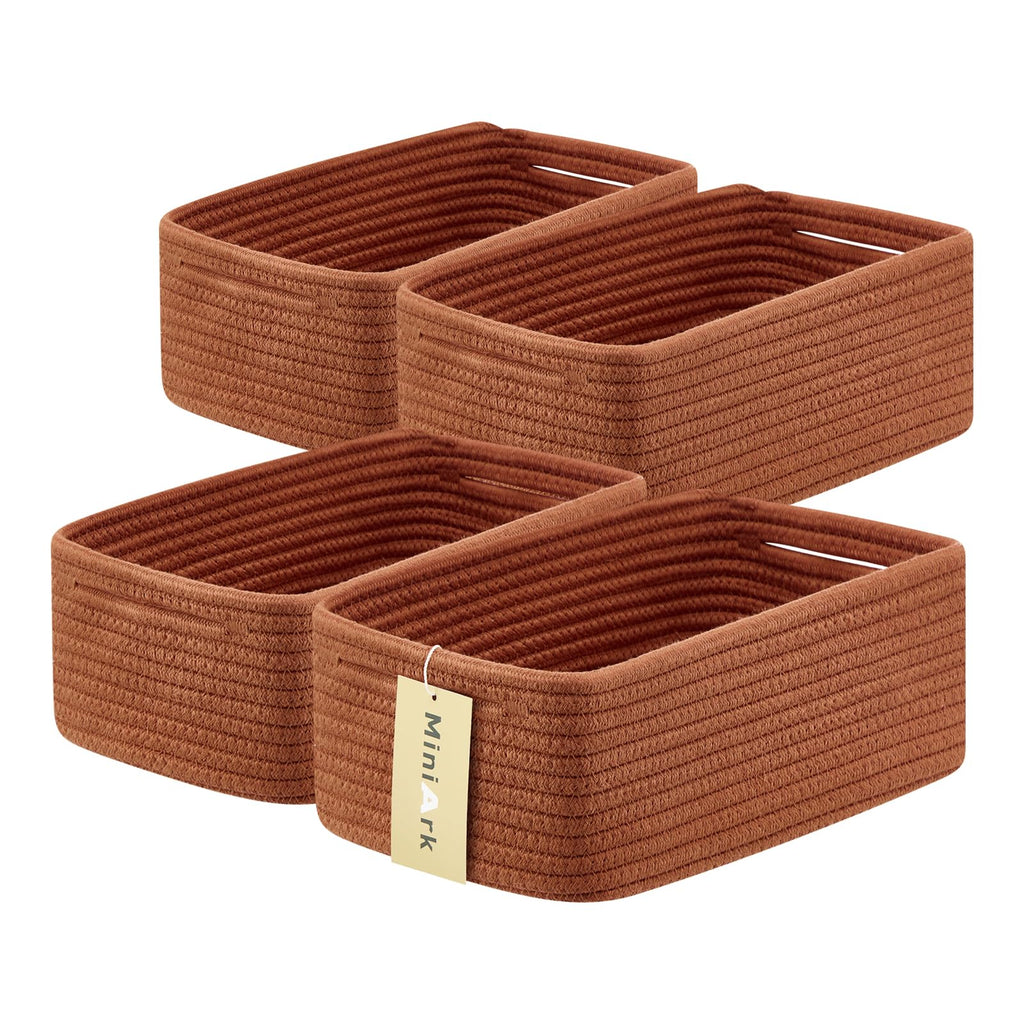 MiniArk Small Storage Baskets for Organizing | Closet Organizer Bins | Shelf Toy Basket | Woven Rope Baskets | Cube Decorative Box | Shallow Basket | L11.5xW7.5xH4.7| Brown