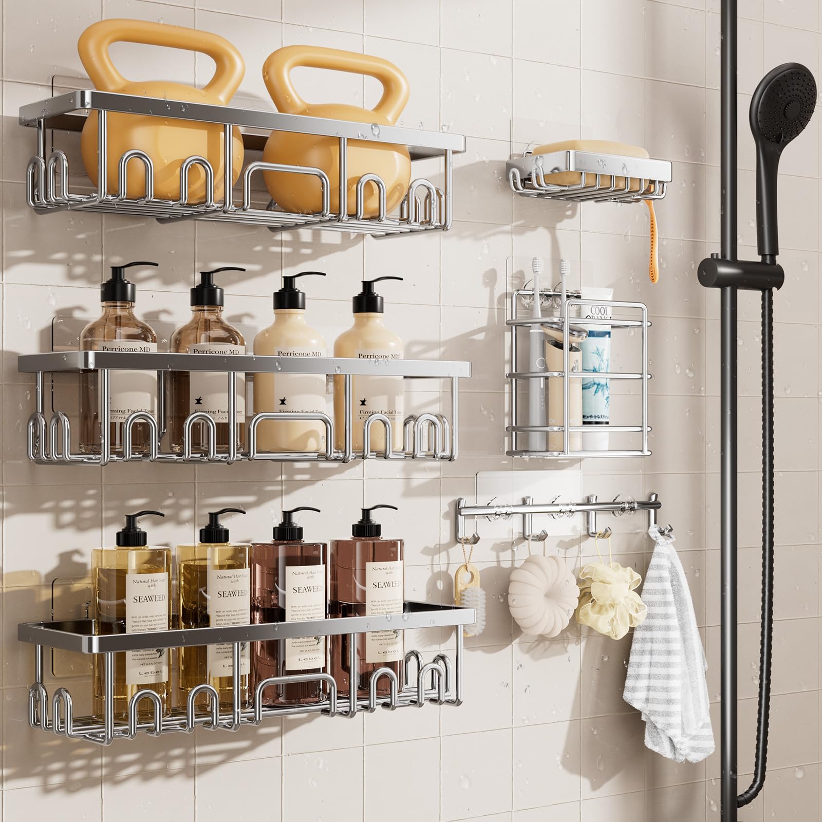 Veken Shower Caddy 6-Pack with Hooks, Bathroom Organizers & Storage, Black