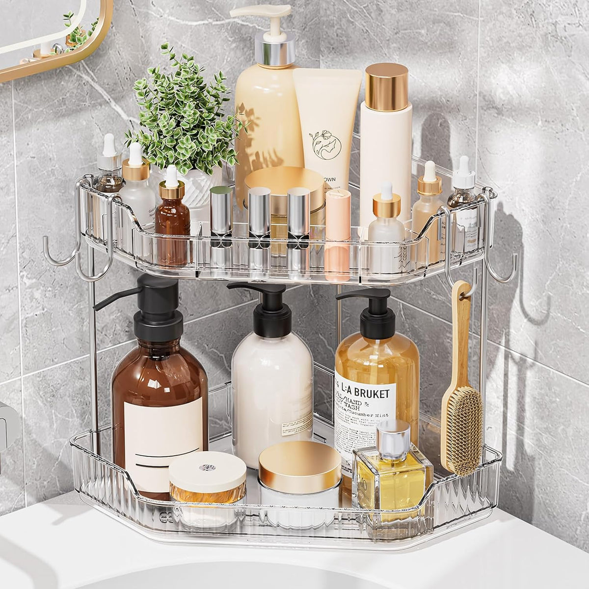 VITVITI 2 Tier Corner Bathroom Counter Organizer, Bathroom Countertop Organizer Storage for Sink, Plastic Makeup Organizer for Vanity Countertop Kitchen with Hooks, Clear