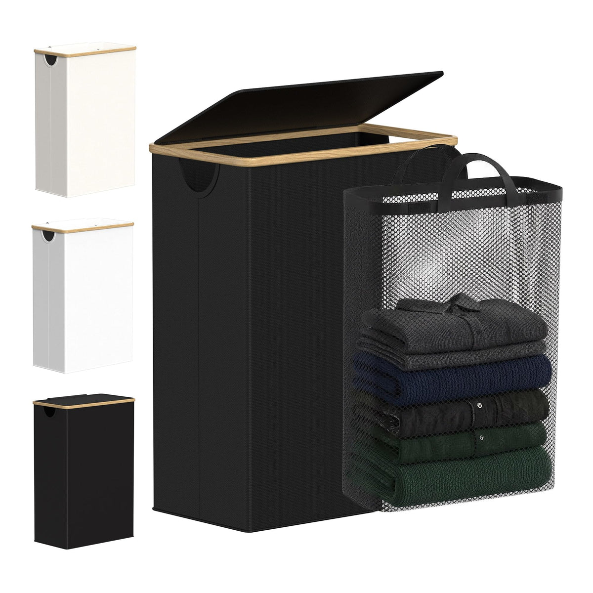 efluky Slim Laundry Basket with Lid, Narrow Laundry Hamper with Removable Bag, Skinny Dirty Clothes Basket with Bamboo Handles for Bathroom, Bedroom & Laundry Room, 75L Beige