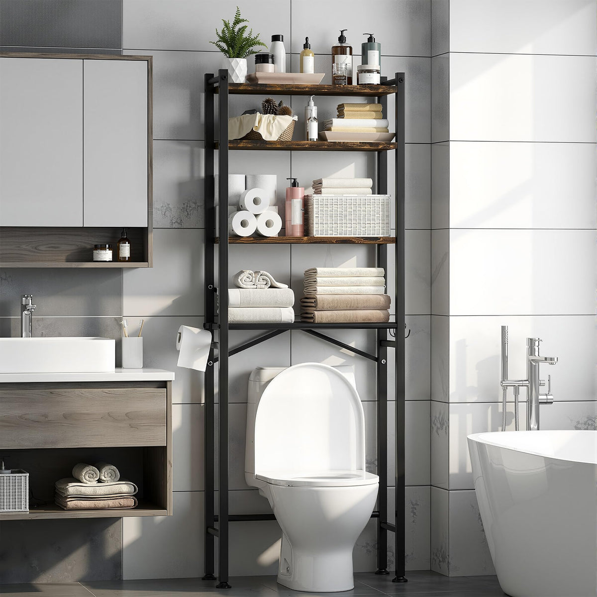 GloTika 3-Tier Over Toilet Storage, Anti-Tilt, 64" H, Black