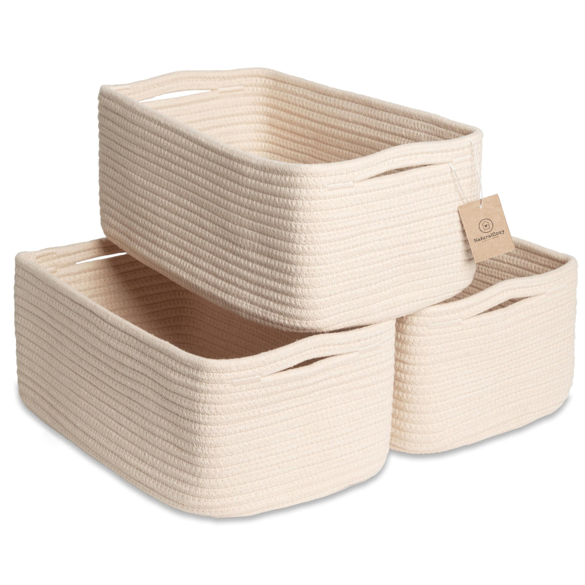 NaturalCozy 11.8"x8"x4.5” Storage Baskets for Shelves 3 Pack | Cotton Rope Woven Small Baskets for Organizing | Small Storage Bins for Nursery, Bathroom, Closet, Cube Shelf, Decorative, Gift Basket